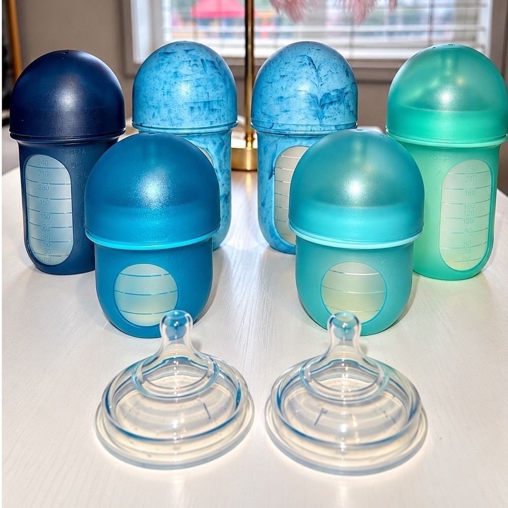 Boon NURSH Silicone Pouch Baby Bottle Set 8oz 4oz Blue Teal Anti-Colic 6-Pack